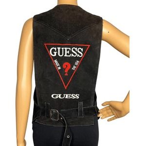 Rare Vintage Guess Black Suede Vest Oversized Logo 90s